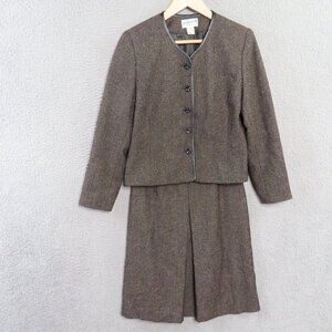 Pendleton Suit Set 8 Petite Brown Jacket Skirt Wool Blend‎ Faux Leather Trim